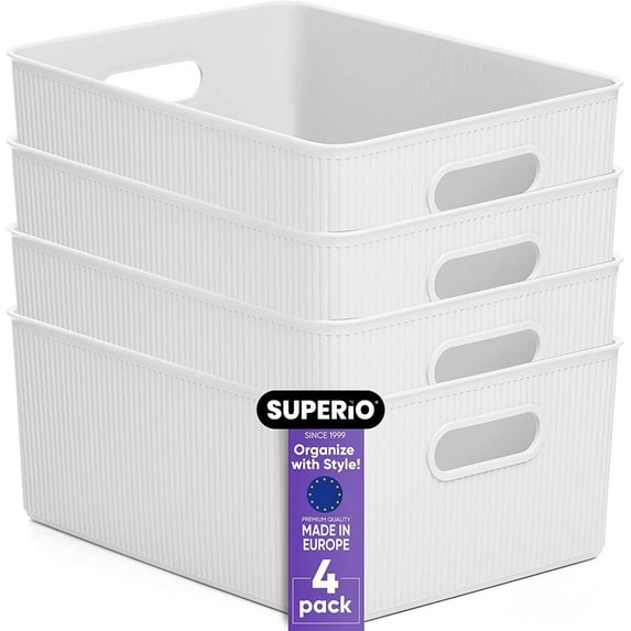 Superio 15L Medium Ribbed Storage Bin- Plastic Storage Bin (4 Pack, White)