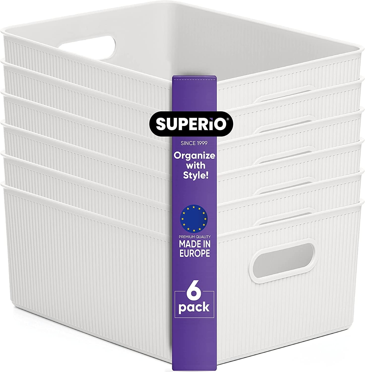 Superio 15L Medium Ribbed Storage Bin- Plastic Storage Bin (6 Pack, White)