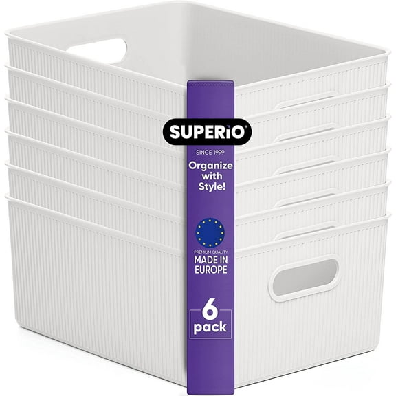 Superio 15L Medium Ribbed Storage Bin- Plastic Storage Bin (6 Pack, White)