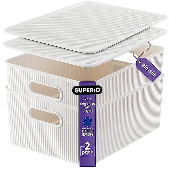 Superio 15L Medium White Smoke Ribbed Storage Bin with Lid, Plastic (2 Pack)