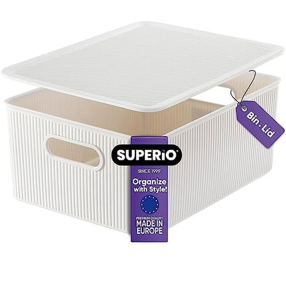 Superio 15L Medium White Smoke Ribbed Storage Bin with Lid, Plastic Storage Bin