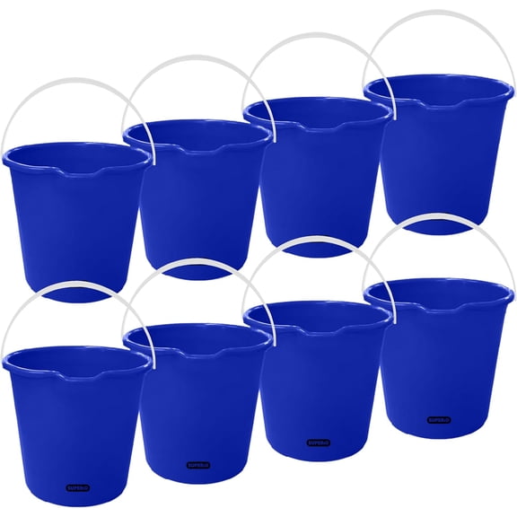 Superio 2 Gallon Bucket, Plastic Cleaning Pail with Handle, Car Wash Bucket, Small Utility Bucket for Mopping, Fishing, Camping & Household Use, Durable Blue - 8 Pack