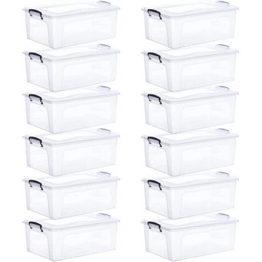 Sterilite 27 Qt Stackable Plastic Tote Box With Blue Latches & Clear Base (6.75 Gal)