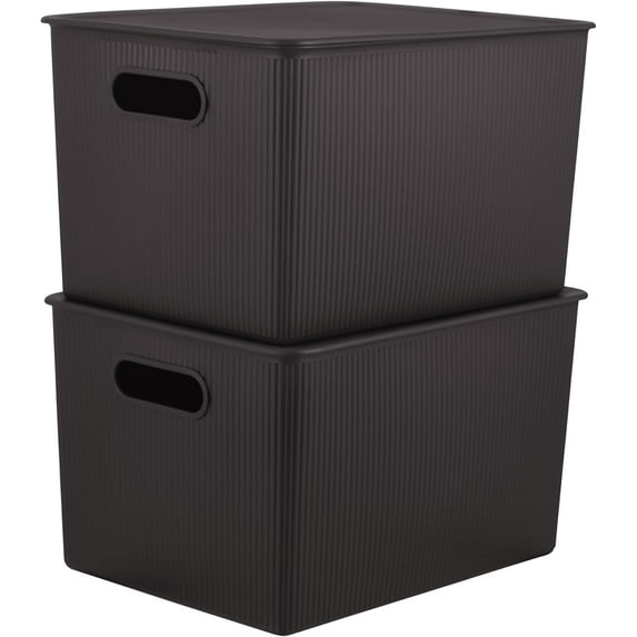 Superio 22L Large Brown Ribbed Storage Bin with Lid, Plastic (2 Pack)