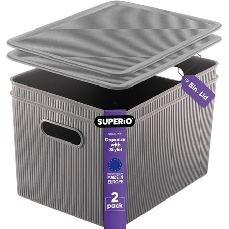 Superio 22L Large Grey Ribbed Storage Bin with Lid, Plastic (2 Pack)