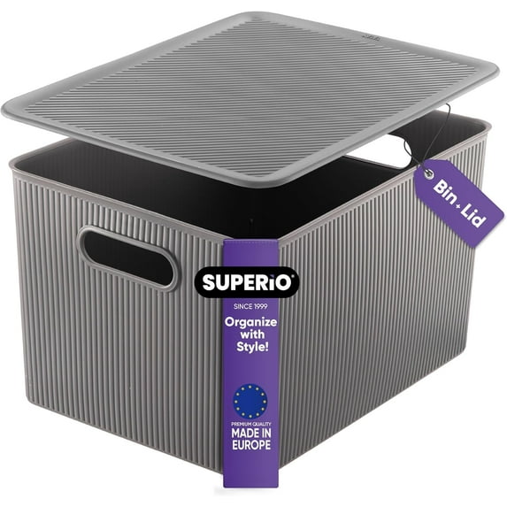 Superio 22L Large Grey Ribbed Storage Bin with Lid, Plastic Storage Bin