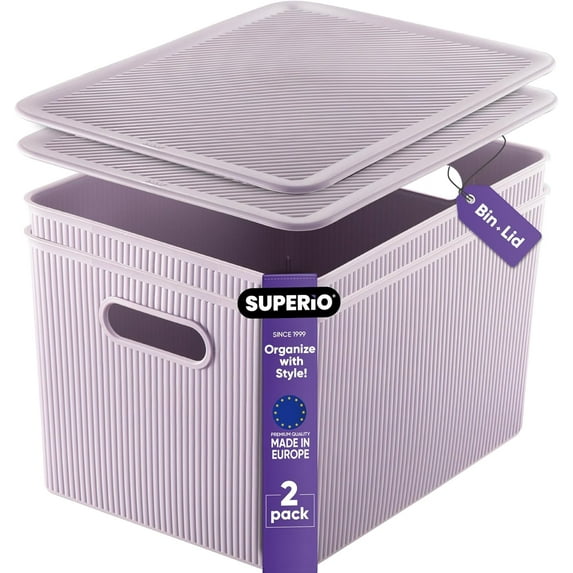 Superio 22L Large Lilac Ribbed Storage Bin with Lid, Plastic (2 Pack)