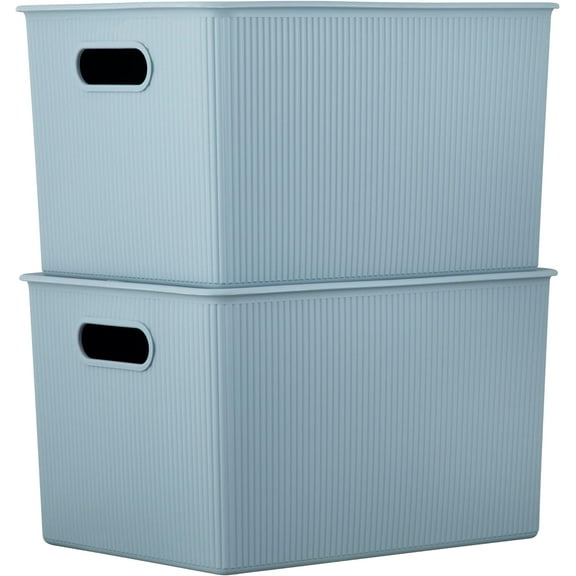 Superio Plastic Storage Bins with Lids, Stone Blue, 22 Liter Large Ribbed Baskets with Lids for Organizing Closet, Shelves, Plastic Storage Bin (2 Pack)