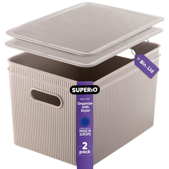 Superio 22L Large Taupe Ribbed Storage Bin with Lid, Plastic (2 Pack)