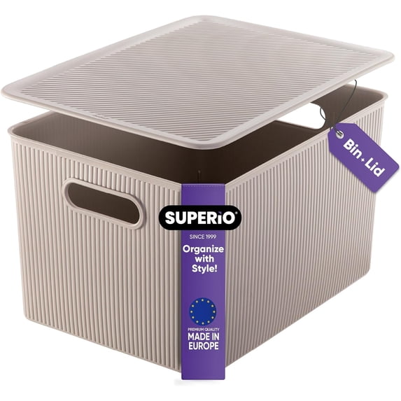 Superio 22L Large Taupe Ribbed Storage Bin with Lid, Plastic Storage Bin