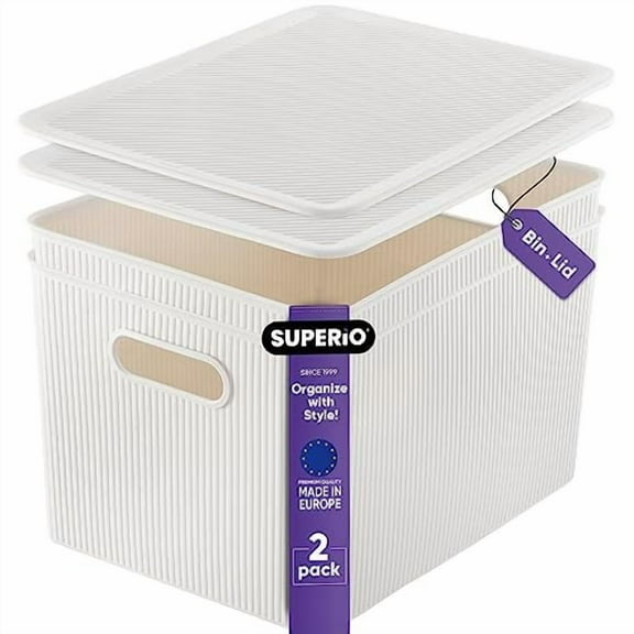 Superio 22L Large White Smoke Ribbed Storage Bin with Lid, Plastic (2 Pack)