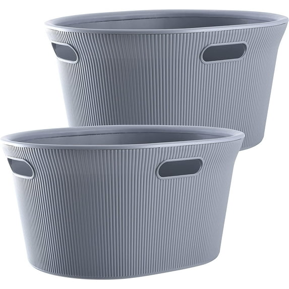 Superio 35L Ribbed Laundry Basket with Cut-Out Handles - Grey (2 Pack)
