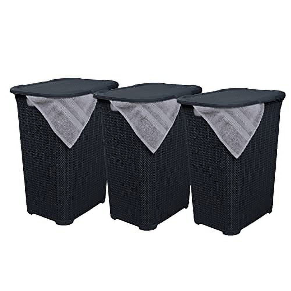 Superio 50L Large Knit Plastic Laundry Hamper with Lid Black (3 Pack