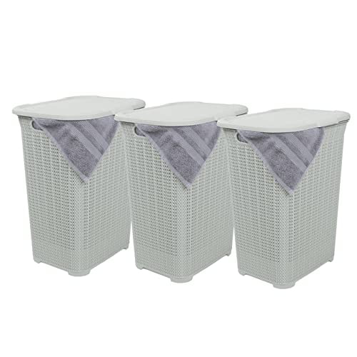 Superio 50L Large Knit Plastic Laundry Hamper with Lid White Smoke (3