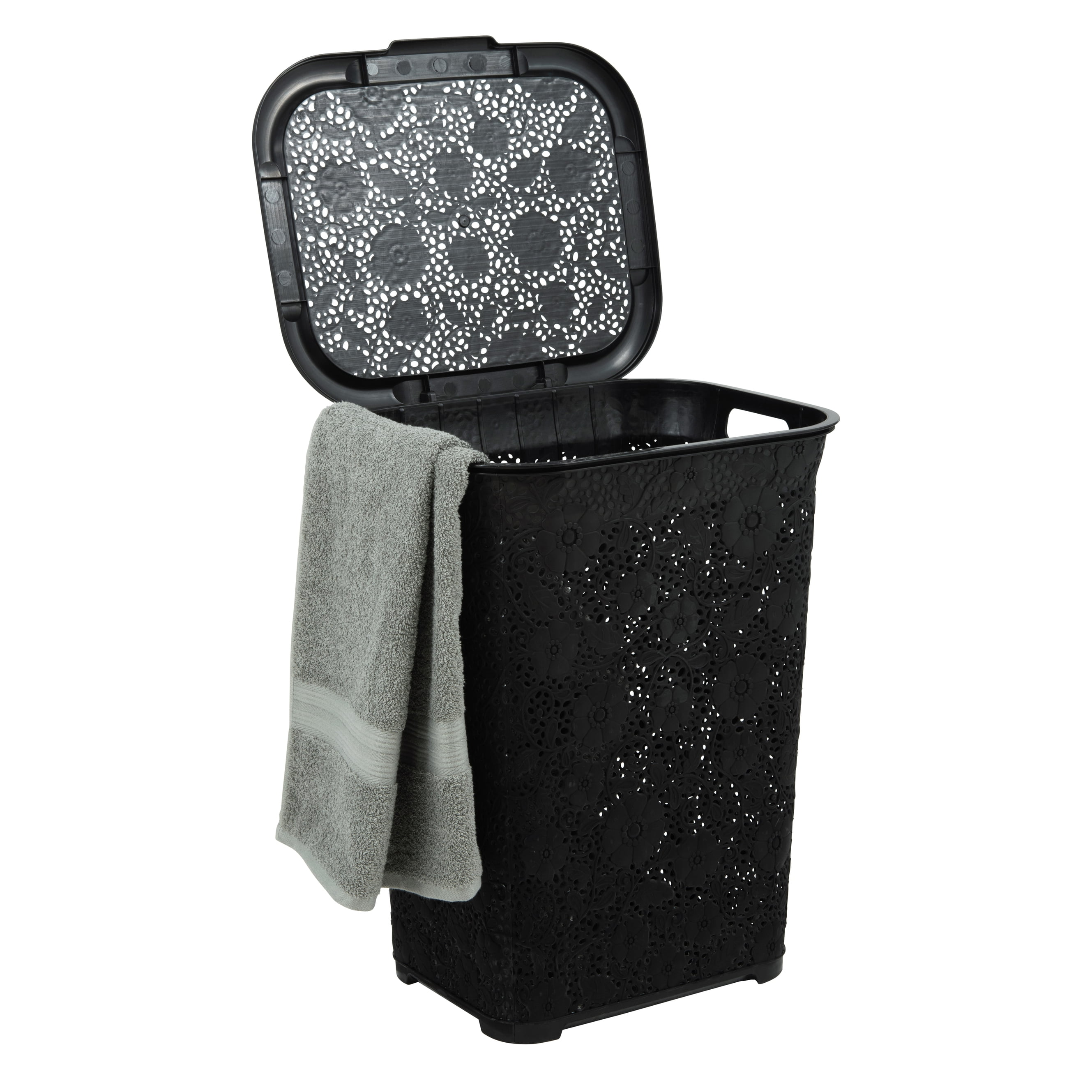 Superio 50L Large Lace Plastic Laundry Hamper with Lid Black