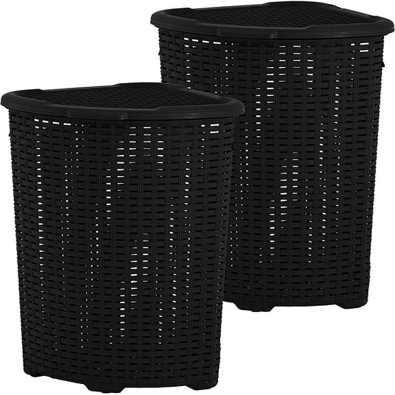 Superio 50L Wicker Plastic Corner Laundry Hamper with Lid - Black (2 Pack)