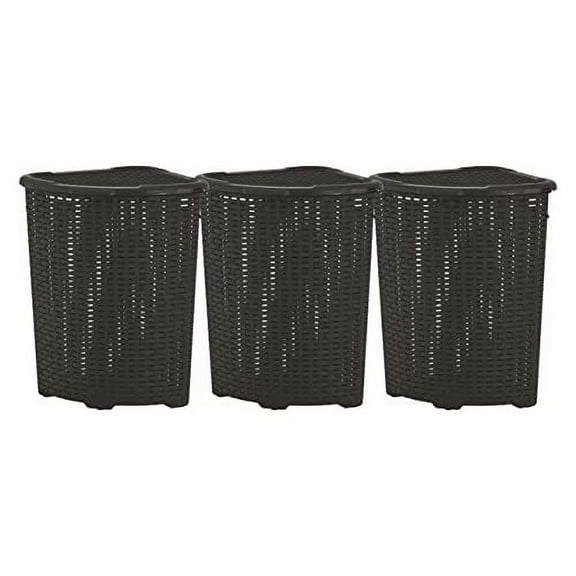 Superio 50L Wicker Plastic Corner Laundry Hamper with Lid - Brown (3 Pack)