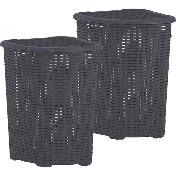 Superio 50L Wicker Plastic Corner Laundry Hamper with Lid - Grey (2 Pack)