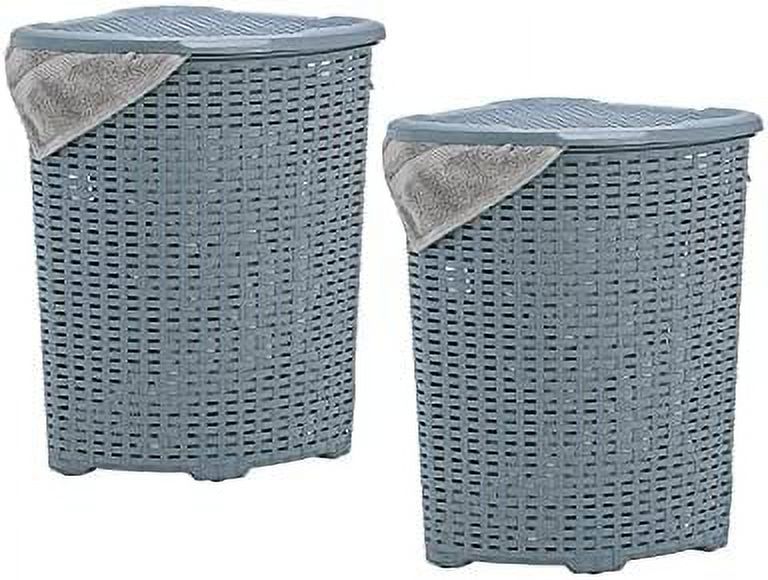 Superio 50L Wicker Plastic Corner Laundry Hamper with Lid Grey (2 Pack)