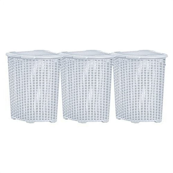 Superio 50L Wicker Plastic Corner Laundry Hamper with Lid - White (3 Pack)