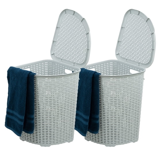 Superio 50L Wicker Plastic Corner Laundry Hamper with Lid - White Smoke (2 Pack)