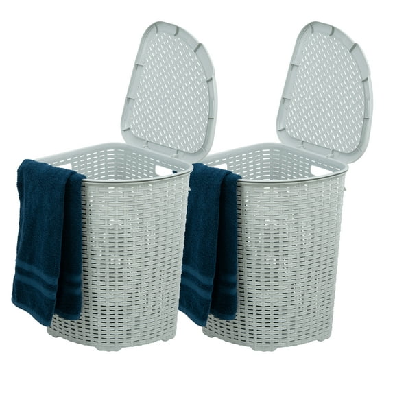 Superio 50L Wicker Plastic Corner Laundry Hamper with Lid - White Smoke (2 Pack)