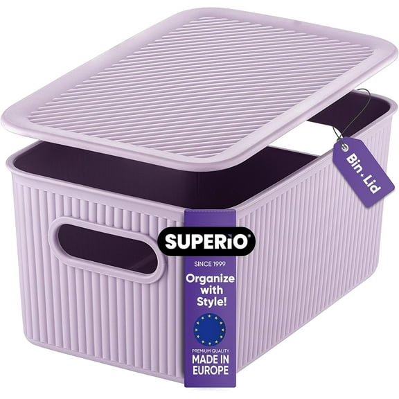 Superio 5L Small Lilac Ribbed Storage Bin with Lid, Plastic Storage Basket