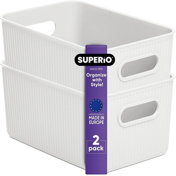 Superio 5L Small Ribbed Storage Bin- Plastic Storage Bin (2 Pack, White)
