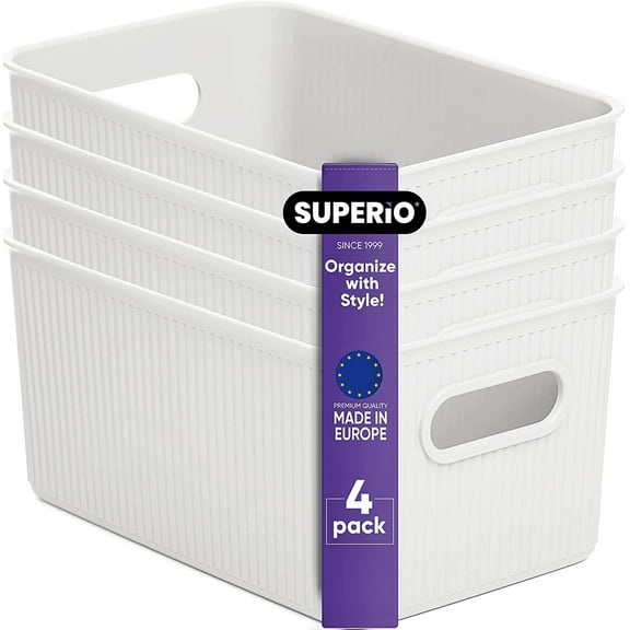 Superio 5L Small Ribbed Storage Bin- Plastic Storage Bin (4 Pack, White)