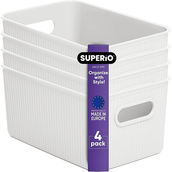 Superio 5L Small Ribbed Storage Bin- Plastic Storage Bin (4 Pack, White)
