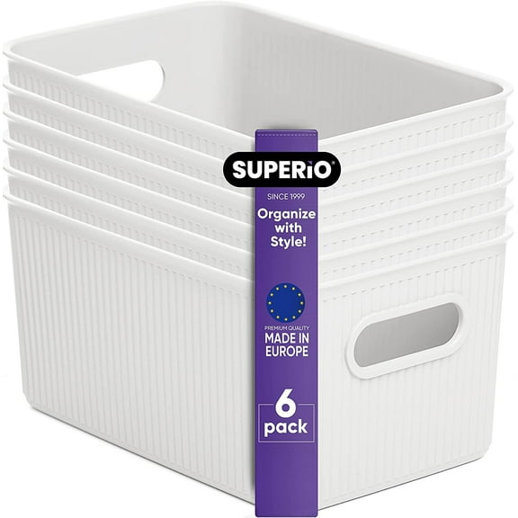 Superio 5L Small Ribbed Storage Bin- Plastic Storage Bin (6 Pack, White)