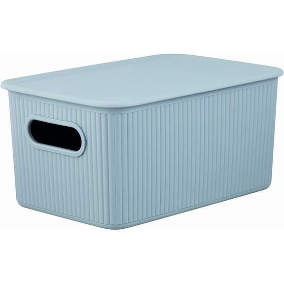 Superio 5L Small Stone Blue Ribbed Storage Bin with Lid, Plastic Storage Basket