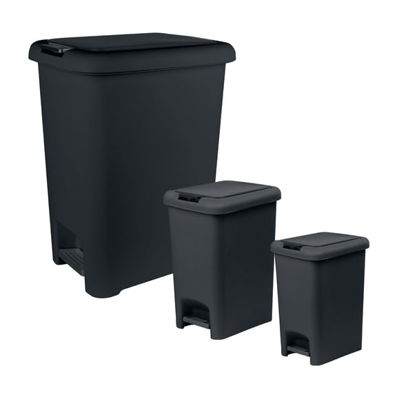 Superio 6.5L, 10L and 48L Slim Step & Push Trash Cans - 3 Pack, Dual Opening, Smooth Matte Finish, Durable Plastic - Black