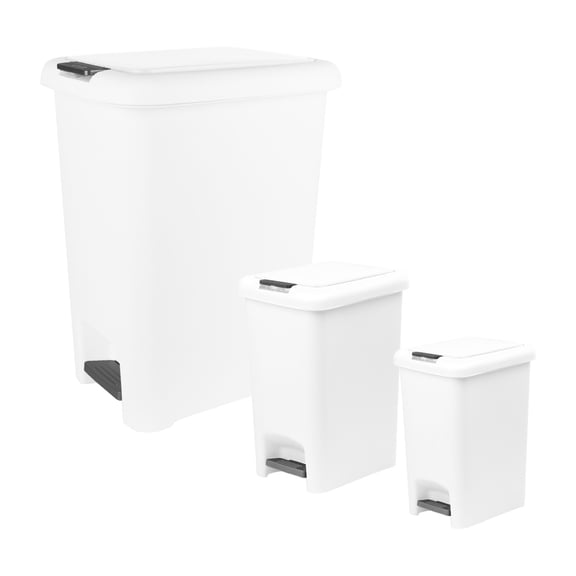 Superio 6.5L, 10L and 48L Slim Step & Push Trash Cans - 3 Pack, Dual Opening, Smooth Matte Finish, Durable Plastic - White
