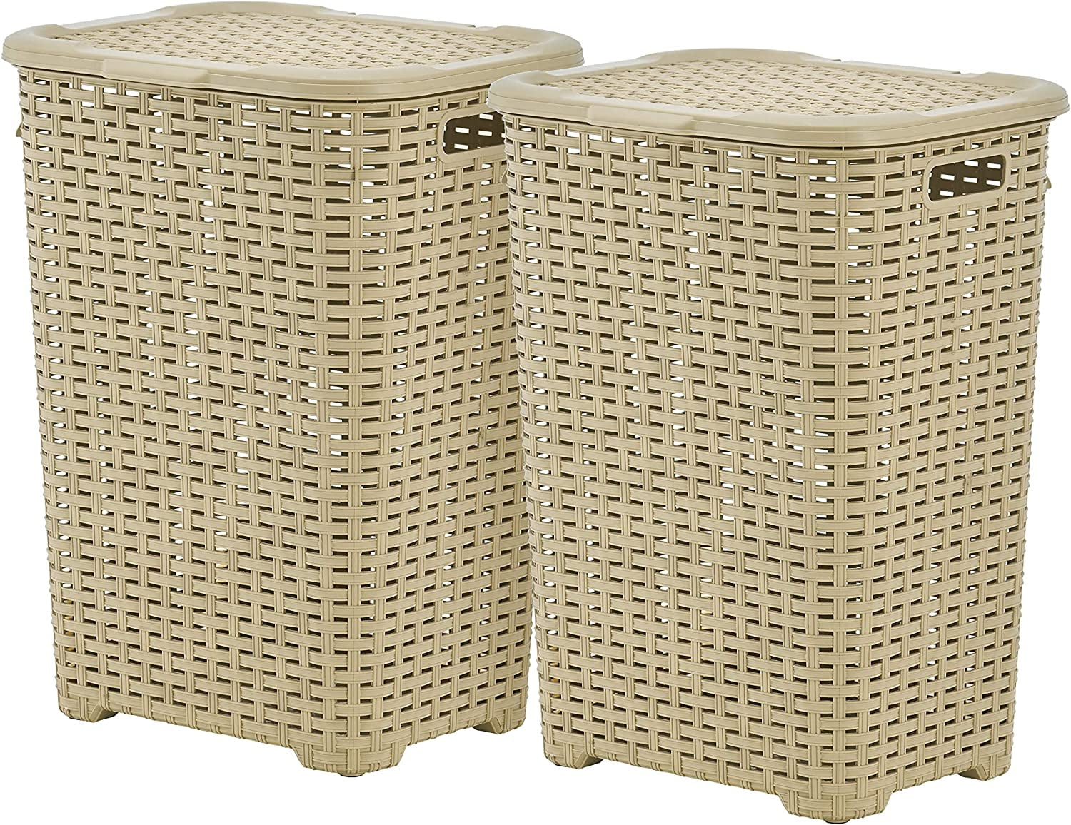 Superio 60L Large Wicker Plastic Laundry Hamper with Lid - Beige (2 Pack)