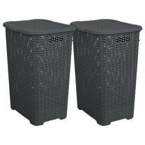 Superio 60L Large Wicker Plastic Laundry Hamper with Lid Grey 2 Pack
