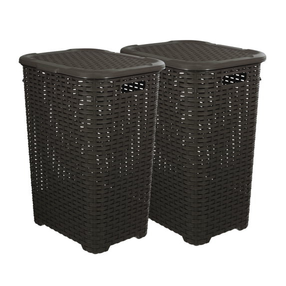 Superio 60L Large Wicker Plastic Laundry Hamper with Lid Root Beer Brown 2 Pack