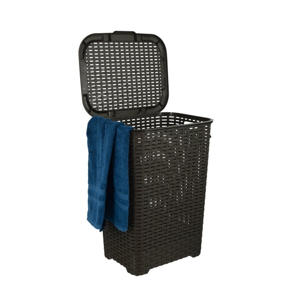 Superio 60L Large Wicker Plastic Laundry Hamper with Lid - Root Beer Brown