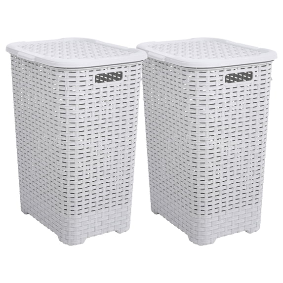 Superio 60L Large Wicker Plastic Laundry Hamper with Lid - White Smoke (2 Pack)