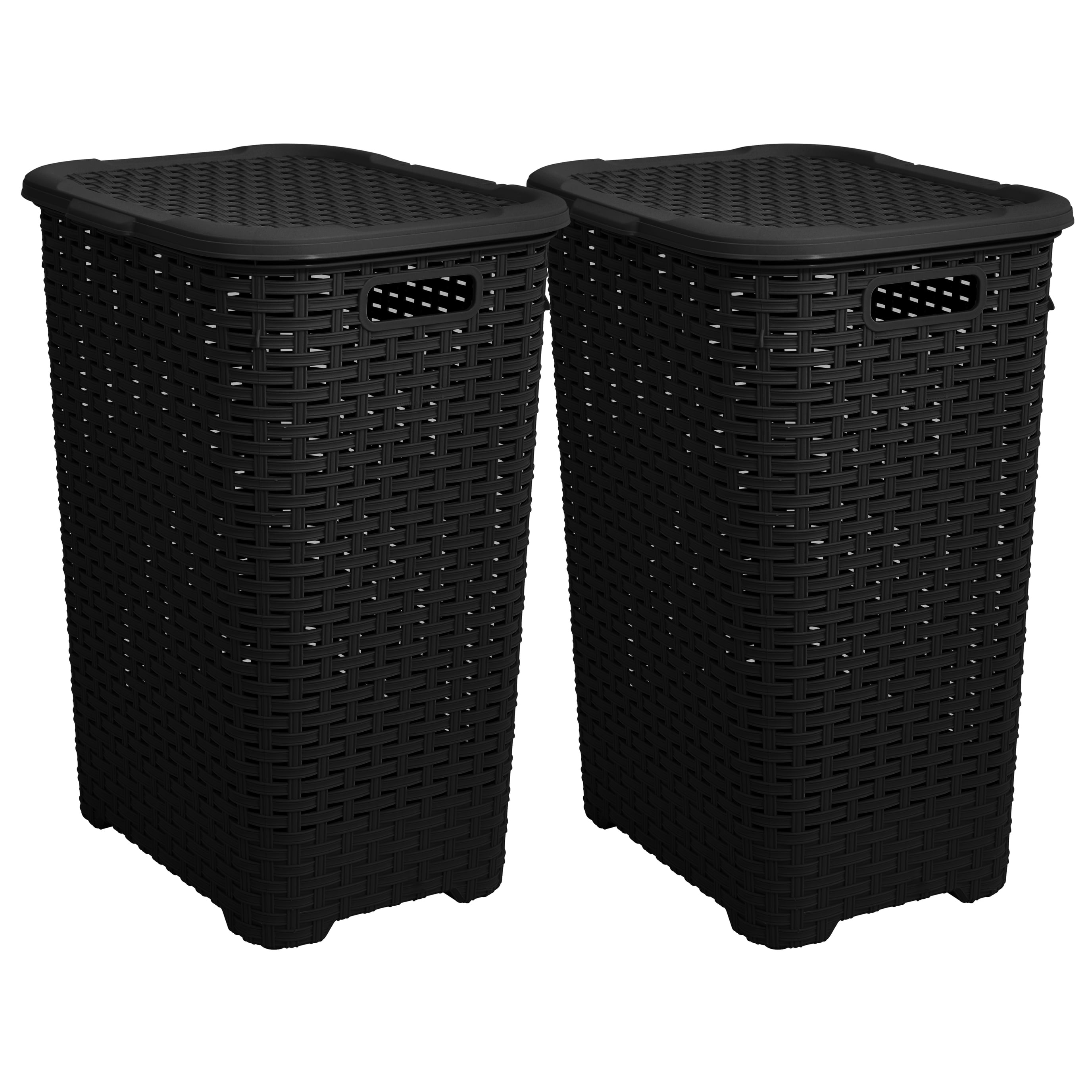 Superio Carrying Handles Large Wicker Plastic Laundry Hamper with Lid, Black, 2 Pack