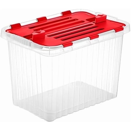 Superio Red Storage Box with Red Hinged Lids, Plastic Container Bins for Organizing with Attached Lid, Stackable Crates, BPA Free, Organizers for Home and Office, 35 Quart (20.25"x14"x10.5")