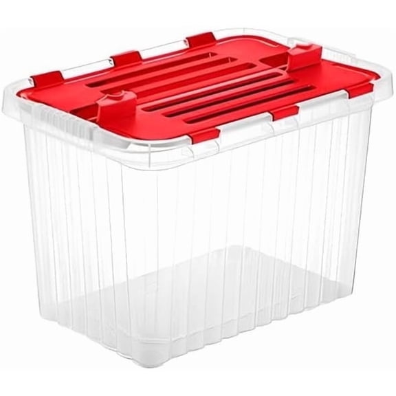 Superio Red Storage Box with Red Hinged Lids, Plastic Container Bins for Organizing with Attached Lid, Stackable Crates, BPA Free, Organizers for Home and Office, 35 Quart (20.25"x14"x10.5")