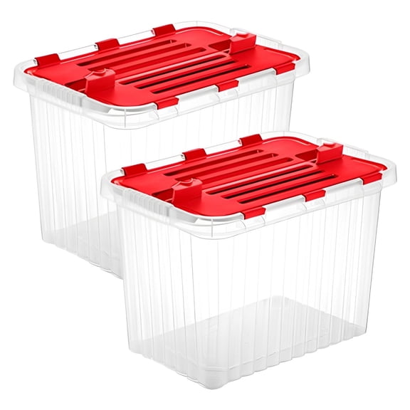 Superio Red Storage Box with Red Hinged Lids, 2 Pack Plastic Container Bins for Organizing with Attached Lid, Stackable Crates, BPA Free, Organizers for Home, Office, Dorm (2, 53Quart)