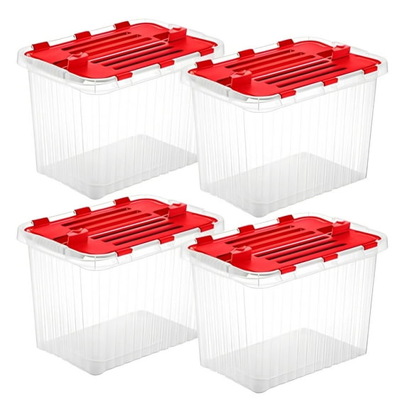Superio Red Storage Box with Red Hinged Lids, 4 Pack Plastic Container Bins for Organizing with Attached Lid, Stackable Crates, BPA Free, Organizers for Home, Office, Dorm (4, 27.5 Quart)