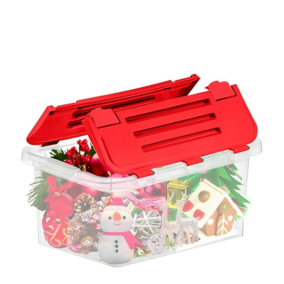 Superio Storage Box with Hinged Lids, Plastic Container Bins for Organizing with Attached Lid, Stackable Crates, BPA Free, Organizers for Home, 19 Quart (Clear with Red Lids, 17"x11.65"x8.75")