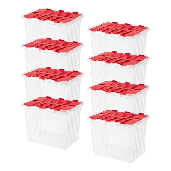 Superio Red Storage Box with Red Hinged Lids, Plastic Container Bins for Organizing with Attached Lid, Stackable Crates, Organizers for Home and Office, 53Quart (20.25"x14"x14.6"), 8 Pack