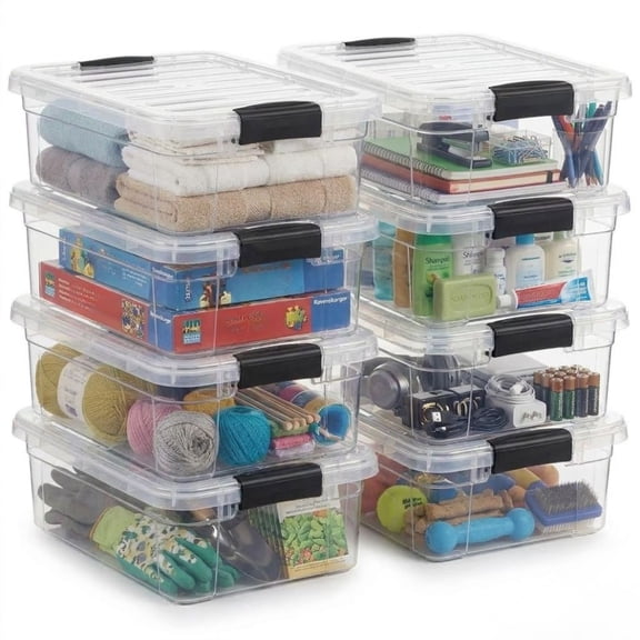 Superio Clear Storage Box with Lid, 13.7 Quart Plastic Container Bins for Organizing, Stackable Crates, BPA Free, Non Toxic, Odor Free, Organizers for Home, Office, School, and Dorm, 8 Pack