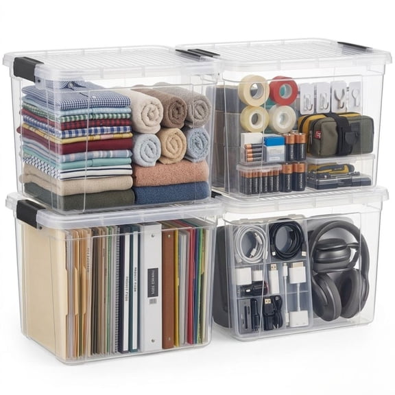Superio 26 Quart Clear Plastic Storage Boxes with Lids, Stackable Organizer Containers, BPA-Free Storage Bins for Home, Office, School & Dorm, 4 Pack