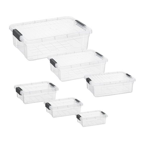 Superio Clear Storage Boxes with Lid, 6 Pack Plastic Container Bins for Organizing, Stackable Crates, BPA Free, Non Toxic, Odor Free Organizers (1.27, 2.3, 4.5, 7.4, 13.7 and 22.7 Qt)