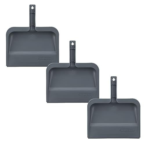 Superio Clip-On Dustpan with Rubber Lip - 10-inch Wide Durable Plastic Dust Pan with Comfort Grip Handle, Grey, 3-Pack